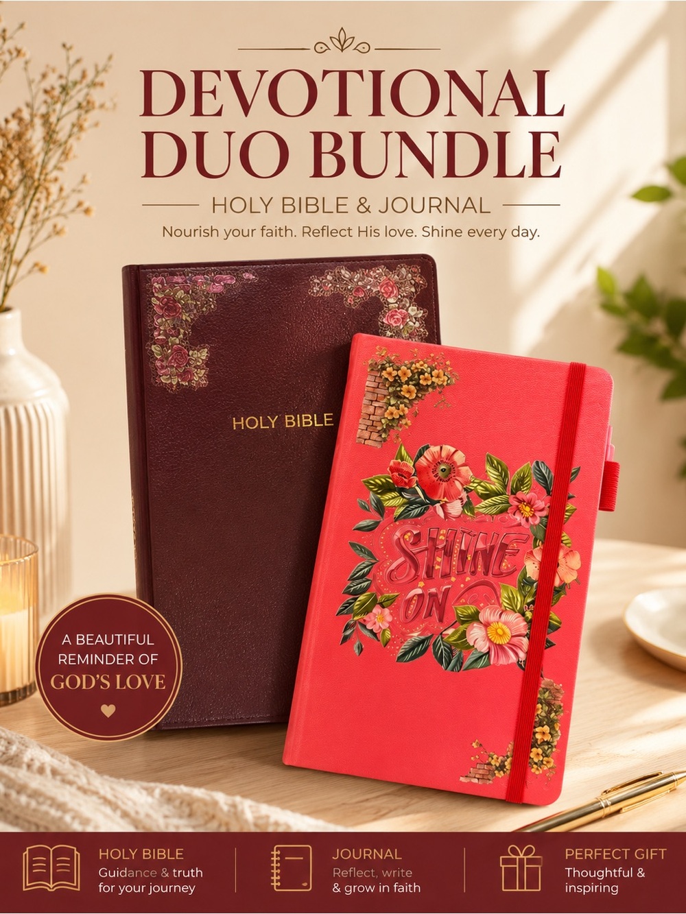 Red Floral 'Shine On' Journal & Burgundy Holy Bible Devotional Set